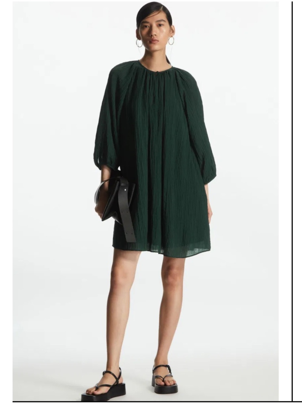 COS Forest Green Pleated Round-Neck Women's Dress puff sleeve seersucker dress M